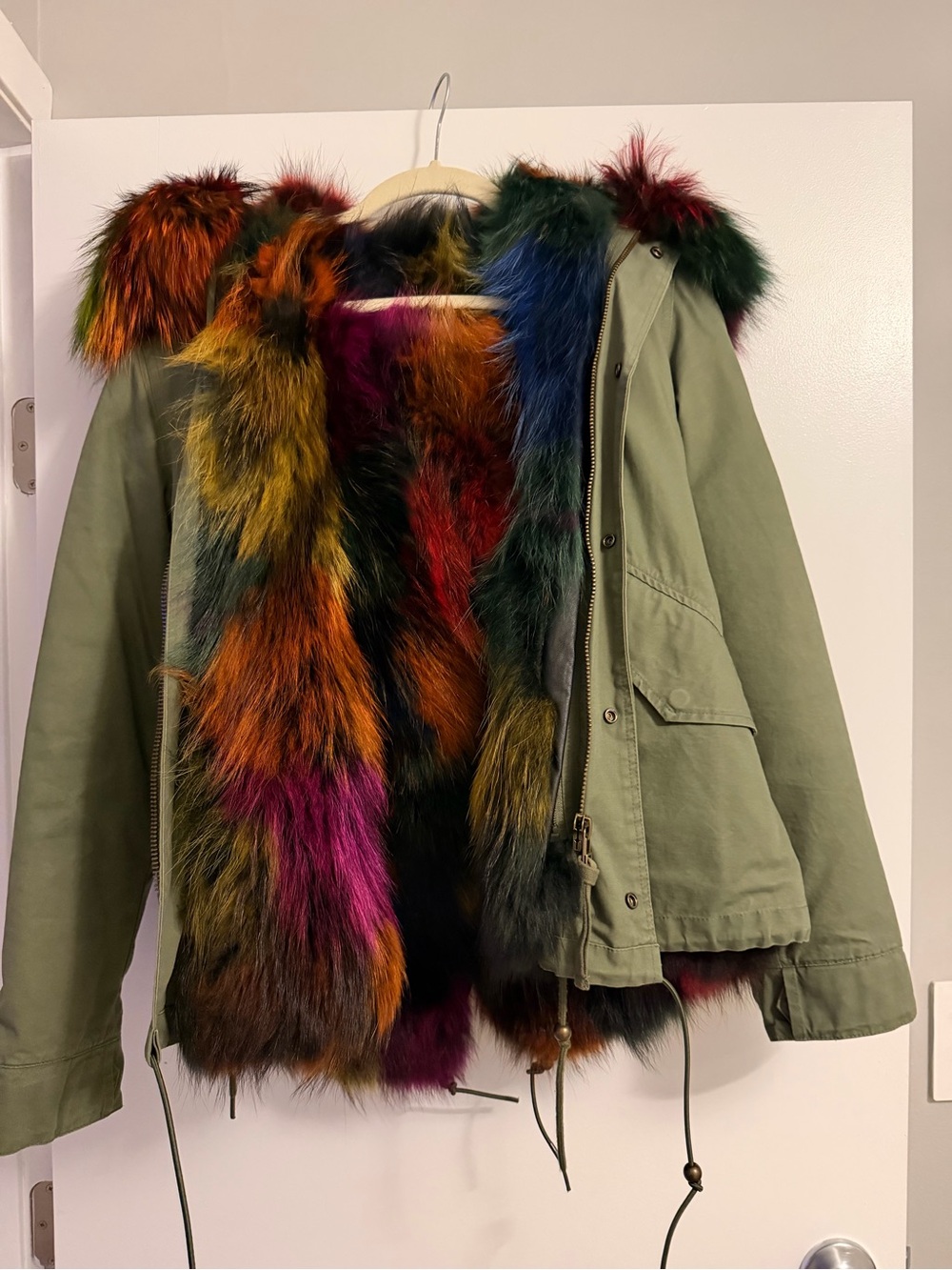 Olive Green Parka Jacket with Multi-Color Genuine Fur Trim